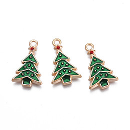 Honeyhandy Christmas Alloy Enamel Pendants, Cadmium Free & Lead Free, Light Gold, Christmas Tree, Green, 22.5x13.5x2.5mm, Hole: 1.8mm