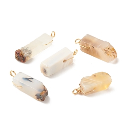 Honeyhandy Natural Dendritic Agate Pendants, with Golden Tone Copper Wire Wrapped, Rectangle, Mixed Color, 30~41x9~11x9~11mm, Hole: 3mm