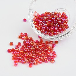 Honeyhandy 6/0 Transparent Rainbow Colours Round Glass Seed Beads, Red, Size: about 4mm in diameter, hole:1.5mm, about 495pcs/50g