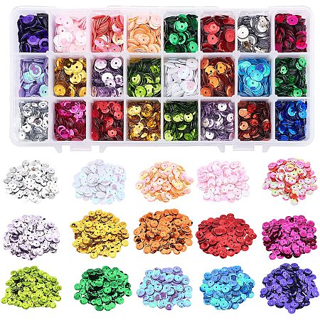 Plastic Paillette Beads, Semi-cupped Sequins Beads, Center Hole, Mixed Color, 6~7x0.5mm, Hole: 1mm; 9 colors, 4.5g/color, 40.5g