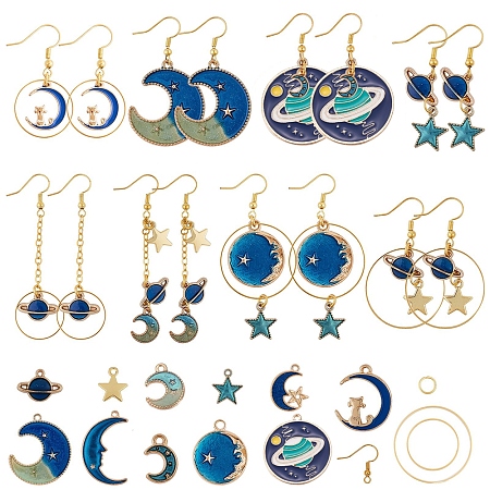 SUNNYCLUE DIY Moon & Star Earring Making Kits, with Alloy Enamel Pendants, Brass Linking Rings, Brass Flat Oval Cable Chains and Brass Earring Hooks, Golden, 96pcs/box