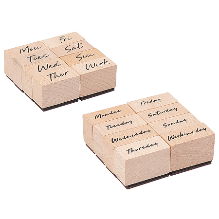 OLYCRAFT Wooden Stamps, with Rubber, Rectangle with Week, Other Pattern, 32x14.5x24mm; 2 patterns, 1box/pattern, 2boxes/set