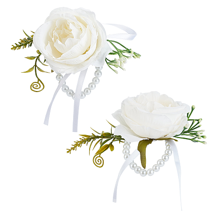 CRASPIRE 2PCS Flower Wrist Corsage Wedding Corsage Pearl Bracelet Wristbands White Artificial Flower Wrist Boutonniere Buttonholes Flower Wrists Wedding Flowers Accessories