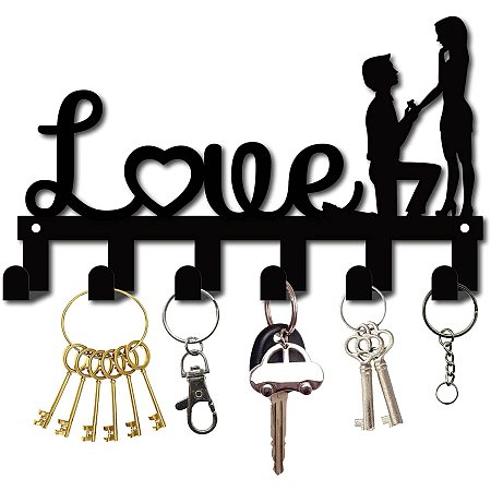 CREATCABIN Love Couple Metal Key Holder Black Key Hooks Wall Mount Hanger Decor Iron Hanging Organizer Rock Decorative with 6 Hooks for Home Housewarming Gift Entryway Cabinet Hat Towel 10.6 x 6.3inch