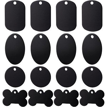 BENECREAT 40Pcs Black 4 Style Aluminum Stamping Blanks Tags Flat Round Oval Rectangle Bone Shape Tags with Hole for Necklace Bracelet Jewelry Pendant