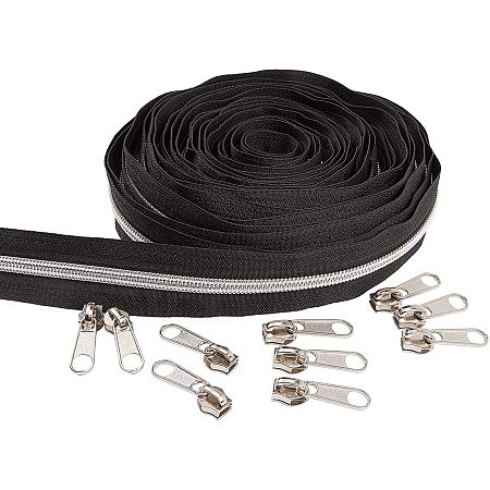 BENECREAT 10 Yards #5 Nylon Closed-end Zippers Black Nylon Coil Zippers with Silver Metallic Teeth, 30Pcs Zipper Pull Sliders for DIY Sewing Tailor Crafts Bags Tents