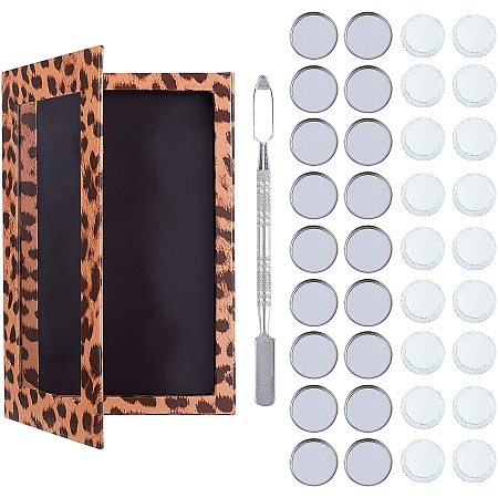 OLYCRAFT Magnetic Makeup Palette Leopard Empty Makeup Palette Set with 1 Depotting Spatula 18 Adhesive Metal Stickers & 18 Empty Round Cabochon Settings for Eyeshadow Lipstick