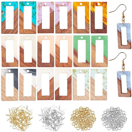 OLYCRAFT 200pcs Resin Wooden Earring Pendants Rectangle Resin Walnut Wood Earring Findings Vintage Resin Wood Statement Earring Findings for Necklace and Earring Making - 10 Colors