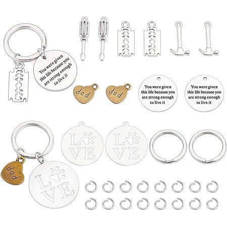 PandaHall Elite 34pcs Love Dad Keychain Kit, 12pcs 6 Styles Heart Charms Pendants Hammer Screwdriver Metal Charms with Key Ring Open Jump Ring for Father's Day Gift DIY Crafting