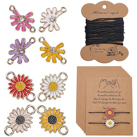 SUNNYCLUE 24pcs 8 Styles Flower Connector Charms Bulk Colorful Sunflower Daisy Double Loops Links Charm Alloy Enamel Floral Gold Plated Friendship Adjustable Braided Bracelets Making Kit for Women
