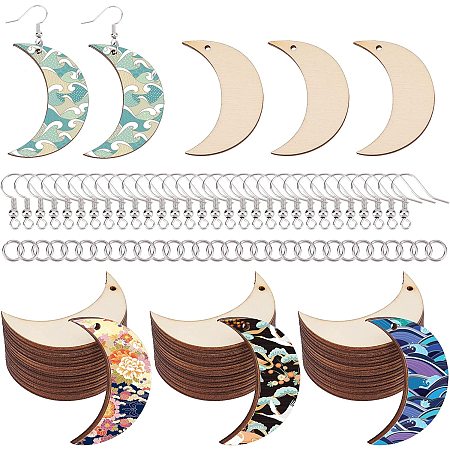 SUNNYCLUE 300Pcs Unfinished Wood Charms Earrings Making Starter Kit Unfinished Wooden Blanks Moon Charms Natural Wood Blank Crescent Charm for Jewelry Making Kits Draw Painting Art Craft DIY Set