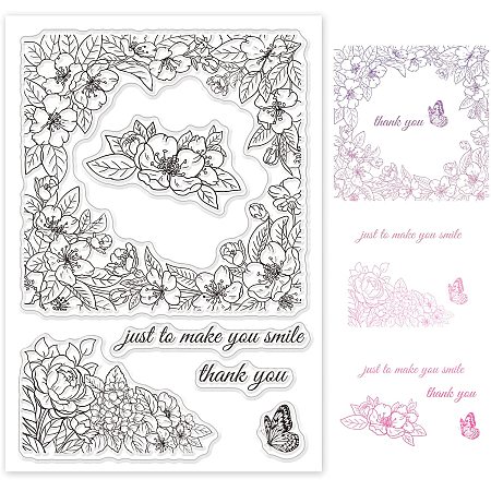 GLOBLELAND Flowers and Leaves Frame Silicone Clear Stamps Butterfly Transparent Stamp for Christmas Birthday Thanksgiving Cards Making DIY Scrapbooking Photo Album Decoration Paper Craft