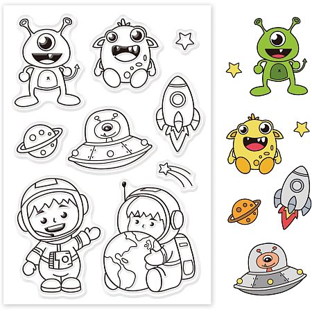 GLOBLELAND Alien and Astronaut Silicone Clear Stamps Transparent Stamps for Birthday Easter Valentine's Day Cards Making DIY Scrapbooking Photo Album Decoration Paper Craft