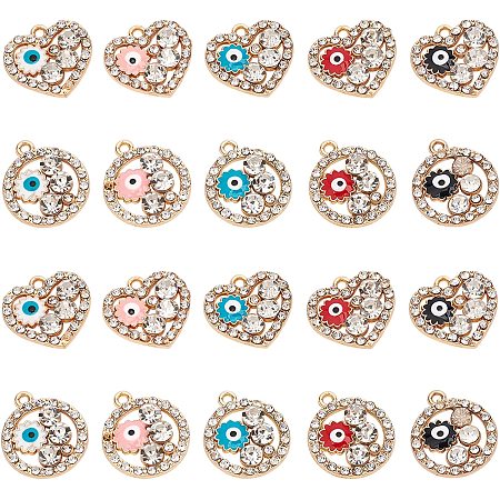 NBEADS 40 Pcs Rhinestone Evil Eye Charms, 4 Colors Crystal Alloy Enamel Evil Eye Pendants Heart and Flat Round Golden Alloy Frame Rhinestone Evil Eye Charms for DIY Bracelet Necklace Jewelry Making