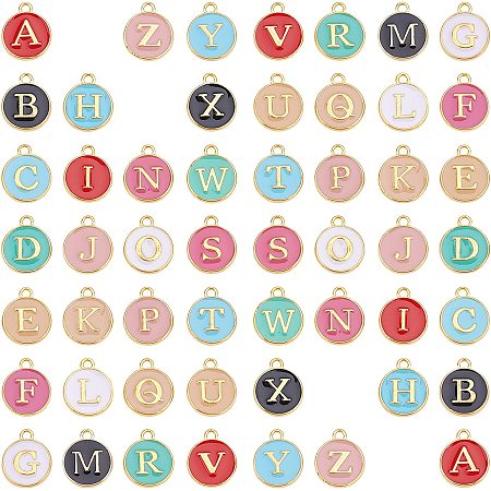 SUNNYCLUE 1 Box 52Pcs 26 Alphabet Charms A-Z Flat Round Gold Plated Initials Double Sided Alloy Enamel Letter Pendants with Hole for Personalized Jewelry Making DIY Supplies, Mixed Color