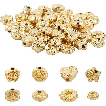 SUNNYCLUE 1 Box 48Pcs 8 Style 18K Gold Plated Rose Flower Heart Alloy Beads Metal Spacers Jewelry Beads for Bracelet Necklace Jewelry Making Supplies