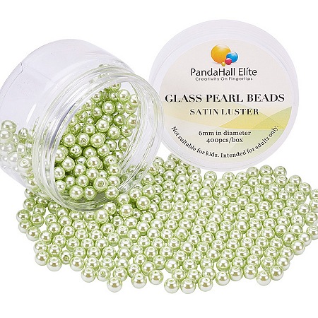 PandaHall Elite 6mm Anti-flash YellowGreen Glass Pearls Tiny Satin Luster Round Loose Pearl Beads for Jewelry Making, about 400pcs/box