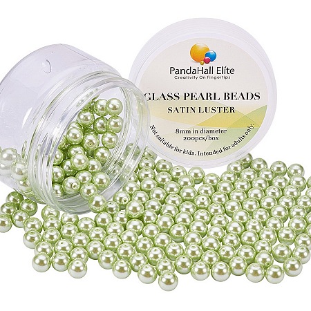 PandaHall Elite 8mm Anti-flash YellowGreen Glass Pearls Tiny Satin Luster Round Loose Pearl Beads for Jewelry Making, about 200pcs/box