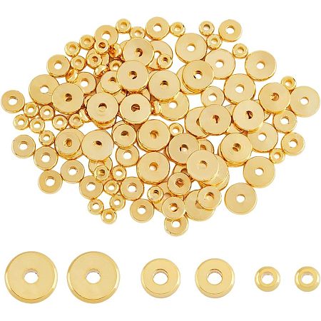 SUPERFINDINGS 120Pcs 3 Sizes Brass Heishi Beads 4/6/7.5mm Flat Round Spacer Beads Real 18K Gold Plated Disc Loose Beads for Jewelry Making DIY Craft,Hole:1.6-1.8mm