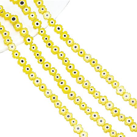 NBEADS About 113 Pcs Flower Shaped Evil Eye Beads Flat, 6mm/7mm Yellow Handmade Lampwork Beads Spacer 2 Strands Evil Eye Charms Turkish Loose Beads for DIY Jewelry Making