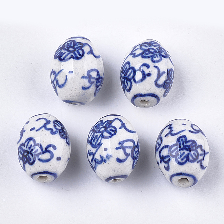Honeyhandy Handmade Porcelain Beads, Blue and White Porcelain, Oval, Blue, 19x14mm, Hole: 1.6mm