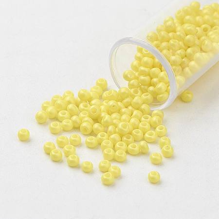 FGB 11/0 Round Glass Seed Beads, Baking Paint, Champagne Yellow, 2.3x1.5mm, Hole: 1mm, about 48500pcs/pound