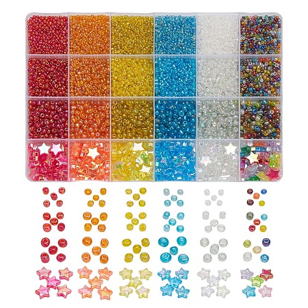 ARRICRAFT 24 Style Round Glass Seed Beads, with Heart Acrylic Beads, Mixed Color, 2~4mm, Hole: 1~1.5mm, 9156pcs/box