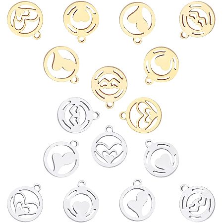 SUNNYCLUE 1 Box 16Pcs 4 Styles Flat Round Hollow Charms Stainless Steel Heart Pendants Ring Shape for Necklaces Earrings DIY Crafts Making Supplies Accessories, Golden Silver