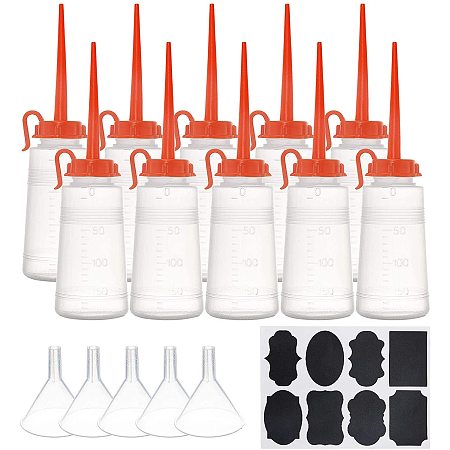BENECREAT 10 Pack 5oz 150ml Straight Beak Squeeze Bottle Graduated Industrial Dispensing Bottle with 5PCS Hoppers and 1 Sheet Label for Liquids, Oil or Glue Applicator