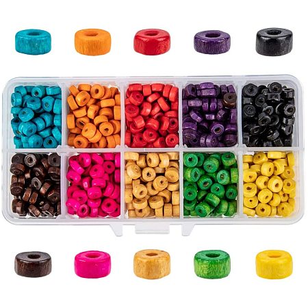 PandaHall Elite 850pcs 10 Color Flat Round Wood Beads Natural Tiny Wood Abacus Spacer Beads Colorful Wooden Loose Beads for Jewelry Making(5.5~6x2.5mm, Hole: 1.5~2mm)