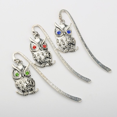 Honeyhandy Tibetan Style Alloy Bird Bookmarks, with Grade A Rhinestone, Owl, Antique Silver, Mixed Color, 84mm, Owl: 39x19x4mm