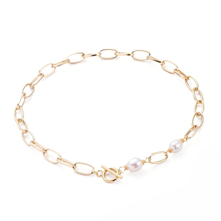 Honeyhandy Aluminium Paperclip Chain Necklaces, with Natural Baroque Pearl Keshi Pearl Beads and 304 Stainless Steel Toggle Clasps, Golden, 16.33 inch(41.5cm)