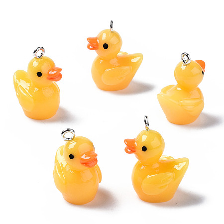 Honeyhandy Opaque Resin Pendants, with Platinum Tone Iron Loop, 3D Duck, Gold, 22~23x16.5x13.5mm, Hole: 2mm