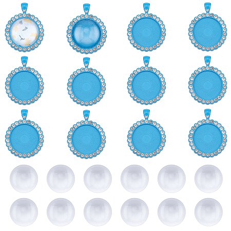 SUNNYCLUE DIY Pendant Making, with Alloy Pendant Cabochon Settings and Glass Cabochons, Deep Sky Blue, Tray: 25mm; 43x34x3mm, Hole: 4.5x6.5mm; 12pcs/set