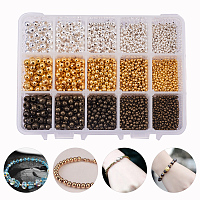 PandaHall Elite 1 Box (about 2700pcs) 3 Color 5 Size Smooth Round Metal Beads Tiny Spacer Round Beads for Jewelry Making (Golden, Silver, Antique Bronze)