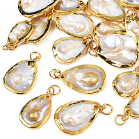 Natural Shell Pendants, with Light Gold Plated Brass Edge, Teardrop, Seashell Color, 17~21x10~22x3.5~8.5mm, Jump Ring: 6x0.5mm, Inner Diameter: 5mm