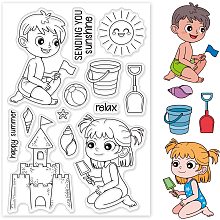 GLOBLELAND 1Sheet Beach Vacation People Clear Stamp Sandcastle and Seashell Transparent Silicone Stamp for Summer Scrapbook Journal Card Making 4.3 x 6.3 inch