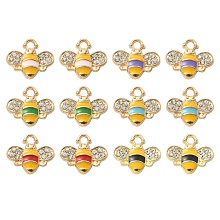 Honeyhandy 12Pcs 6 Colors Alloy Enamel Charms, with Rhinestone, Bee Charm, Mixed Color, 12.5x14.5x2.5mm, Hole: 1.8mm, 2pcs/color