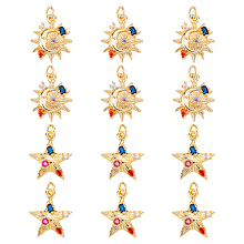 DICOSMETIC 12Pcs 2 Styles Rhinestone Moon and Star Charms Brass Micro Pave Cubic Zirconia Charms 18K Gold Plated Sun Star Pendant with Jump Ring Crescent Necklaces for Jewelry Making, Hole: 3.4mm