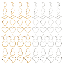 BENECREAT 108Pcs 18 Style Brass Linking Rings, Long-Lasting Plated, Wave & Moon & Diamond & Heart & Apple & Teardrop & Star & Gourd Shape, Golden & Silver, 8~12x4~10x1mm, Inner Diameter: 6~10x1~8mm, 6pcs/style