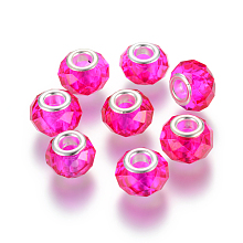 Honeyhandy Handmade Glass European Beads, Large Hole Beads, Silver Color Brass Core, Magenta, 14x8mm, Hole: 5mm