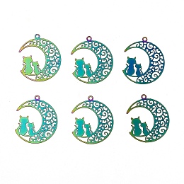 UNICRAFTALE 201 Stainless Steel Kitten Pendants, Etched Metal Embellishments, Crescent Moon with Couple Cat Shape, Multi-color, 22x19x0.3mm, Hole: 1.2mm, 40pcs/box