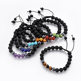 Honeyhandy Natural Lava Rock and Non-Magnetic Synthetic Hematite Beads Braided Bead Bracelets, with Natural & Synthetic Mixed Gemstone, 2-1/8 inch~3 inch(5.3~7.8cm), 7pcs/set