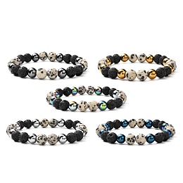 Honeyhandy Matte Stone Round Beads Stretch Bracelets for Men Women, Natural Dalmatian Jasper & Lava Rock & Non-magnetic Synthetic Hematite Beads Bracelets, Beads: 8~9mm, Inner Diameter: 2-1/8~2-1/4 inch(5.4~5.8cm)