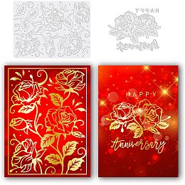 BENECREAT 2Pcs Rose Hot Foil Plate, Happy Anniversary Flower Carbon Steel Metal Dies for Card Making Wedding Festival Decoration Paper Crafts, 1mm Thick