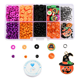 Honeyhandy 850Pcs Geometry Glass Seed & Polymer Clay Beads, 8Pcs Pumpkin/Magic Hat/Bat Alloy Pendants, Iron Jump Rings, Elastic Crystal Thread, for DIY Halloween Theme Jewelry Making Kits, Mixed Color, Findings: 908pcs/box