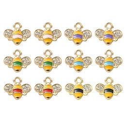 Honeyhandy 12Pcs 6 Colors Alloy Enamel Charms, with Rhinestone, Bee Charm, Mixed Color, 12.5x14.5x2.5mm, Hole: 1.8mm, 2pcs/color