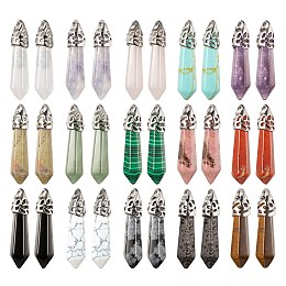 Honeyhandy 15Pcs 15 Style Natural & Synthetic Gemstone Pendants, with Platinum Tone Brass Findings, Bullet, 33~40x8~10mm, Hole: 3x2mm, 1pc/style