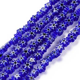 Handmade Millefiori Glass Bead Strands, Flower, Dark Blue, 3.7~5.6x2.6mm, Hole: 1mm, about 88~110pcs/Strand, 15.75''(40cm)