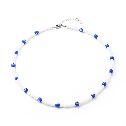 Honeyhandy Glass Beaded Necklace, with Evil Eye Lampwork Beads, Brass Beads, Blue, 18.31 inch(465mm)